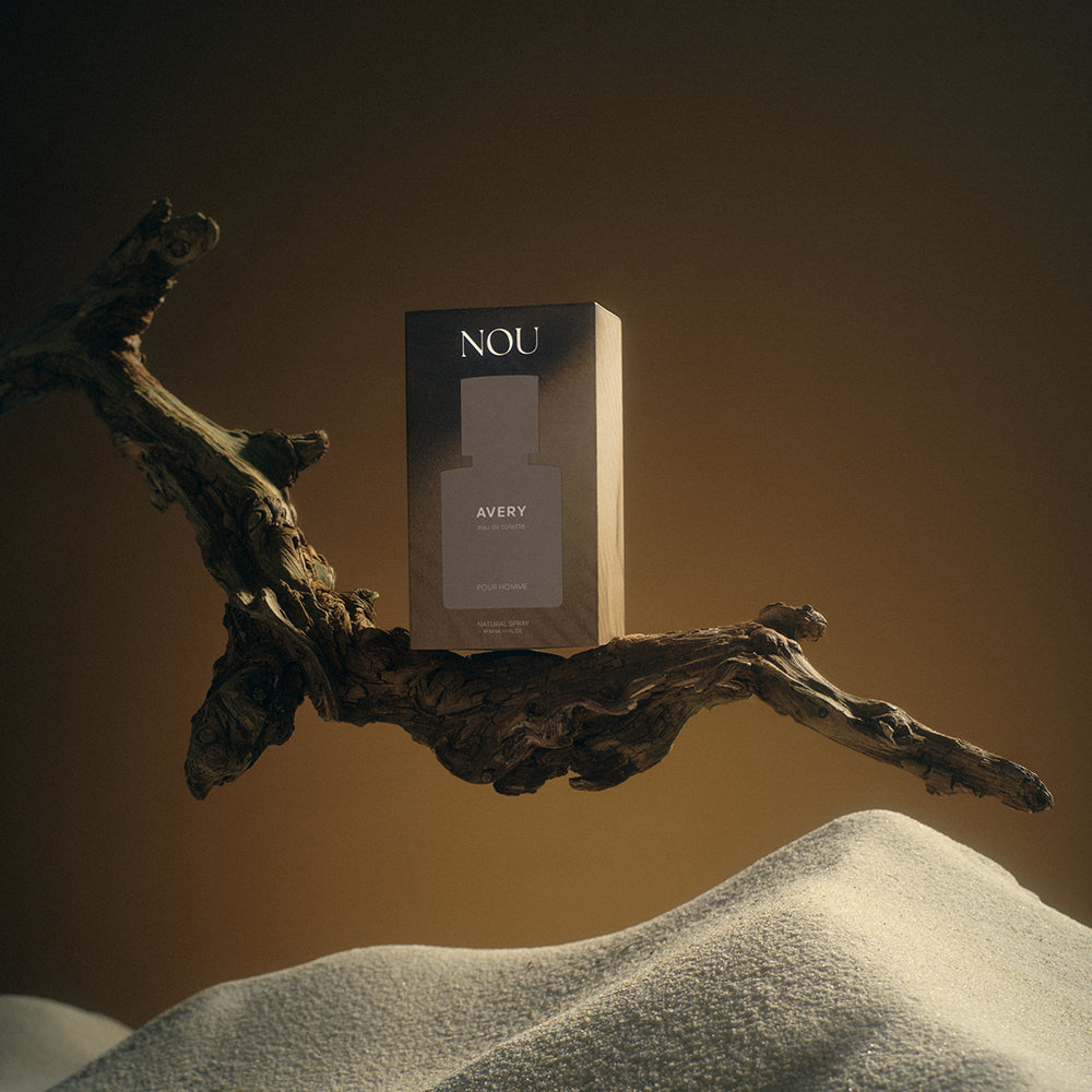 Apa de toaleta, NOU Avery, 50ml Barbati de la parfumedu, din colecția Parfum, prezentată într-o cutie elegantă pe o ramură, deasupra nisipului fin