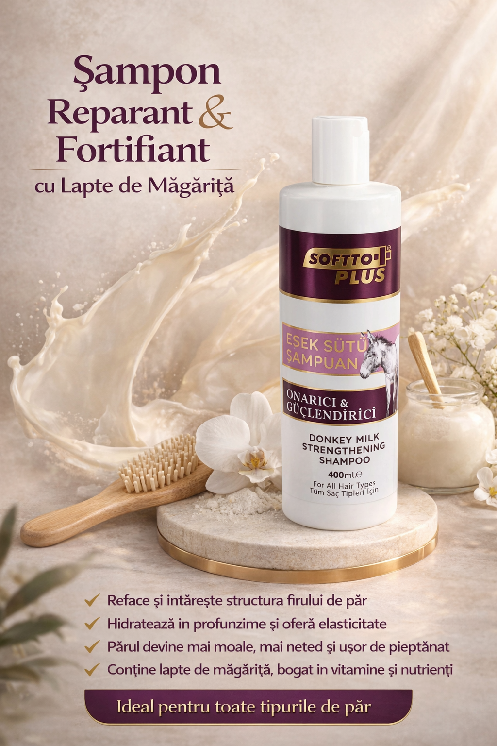 Șampon cu lapte de măgăriță pentru păr moale, neted și ușor de pieptănat ⠋