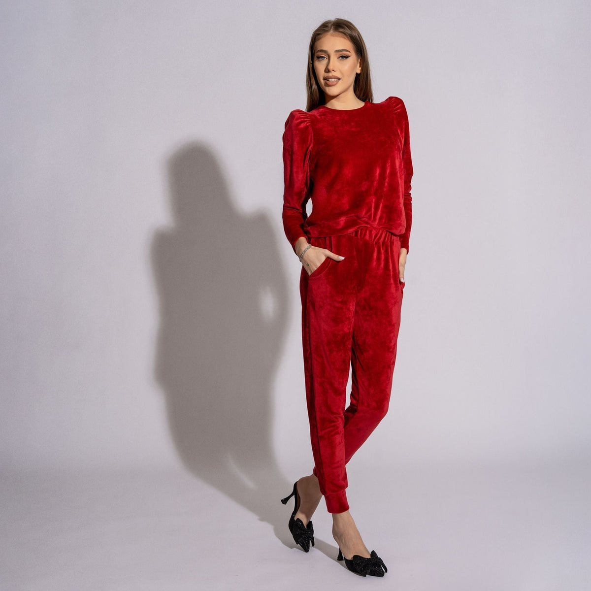Trening elegant din catifea roșie cu spate decupat, cod TR47