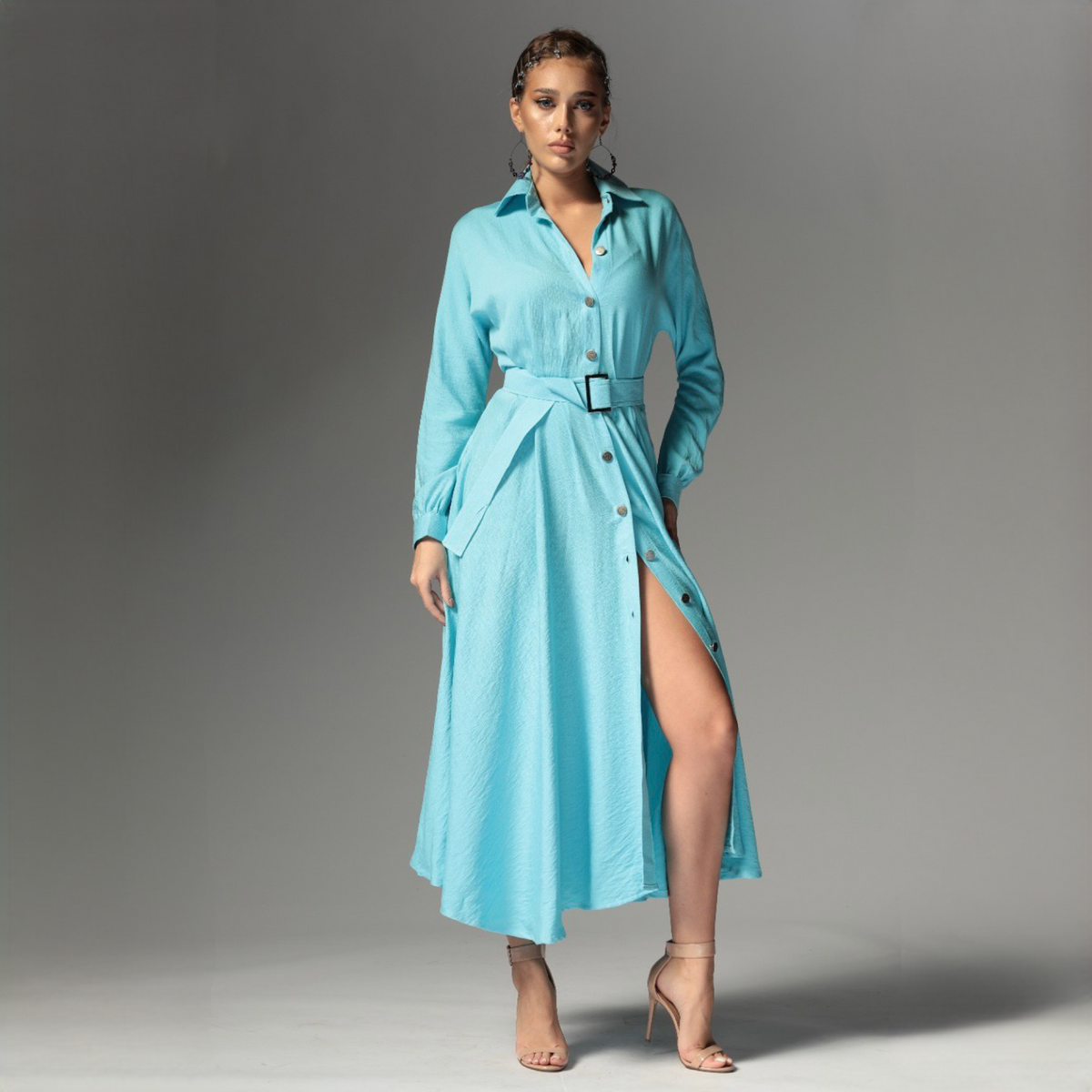 Rochie camasa bleu din in cu nasturi metalici Ingrid Baby Blue - Tratamente pentru par Lenjerie sexy