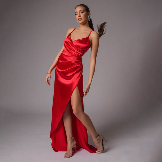 Rochie lunga rosie din satin
