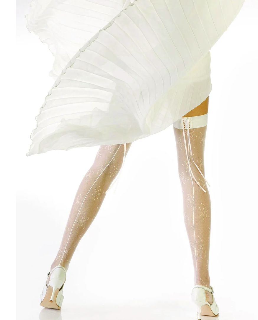 Ciorapi albi de mireasă HYD Anniversary Bianco Ottico cu tulle brodat