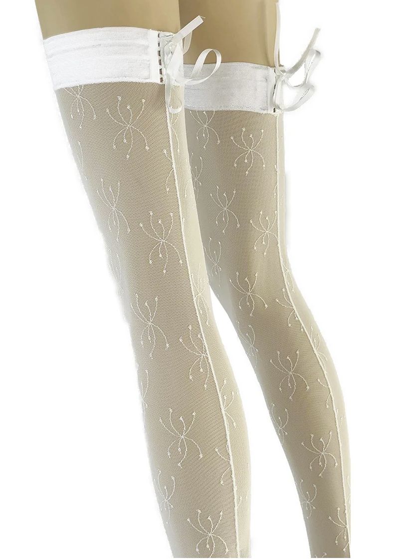 Ciorapi albi de mireasă din material elastic cu broderie