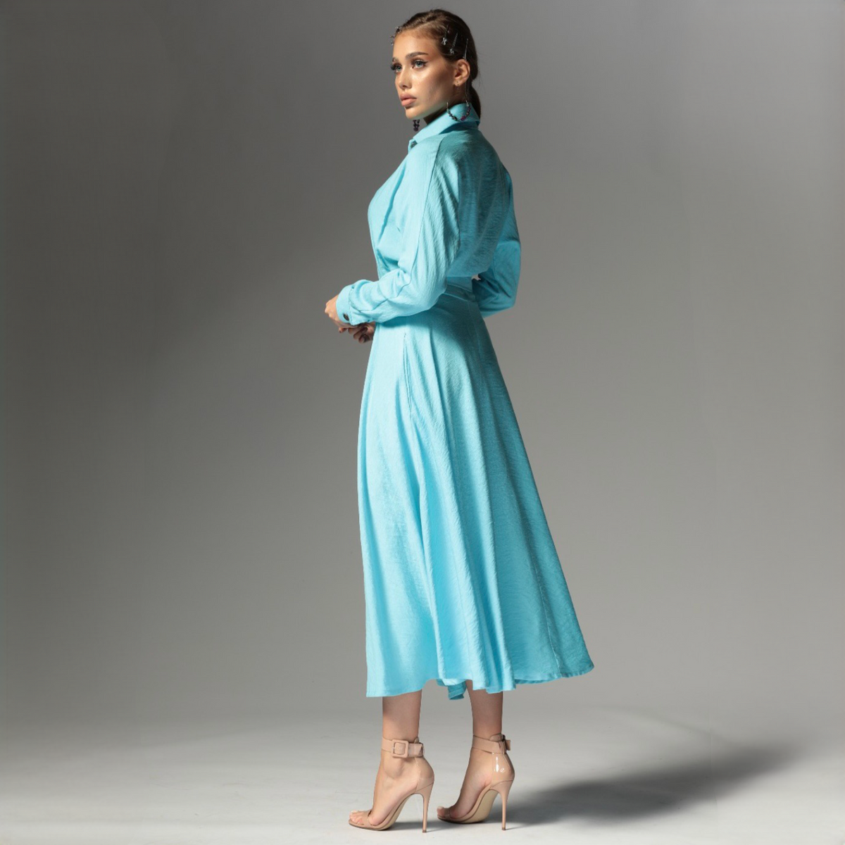 Rochie camasa bleu din in cu nasturi metalici Ingrid Baby Blue - Tratamente pentru par Lenjerie sexy