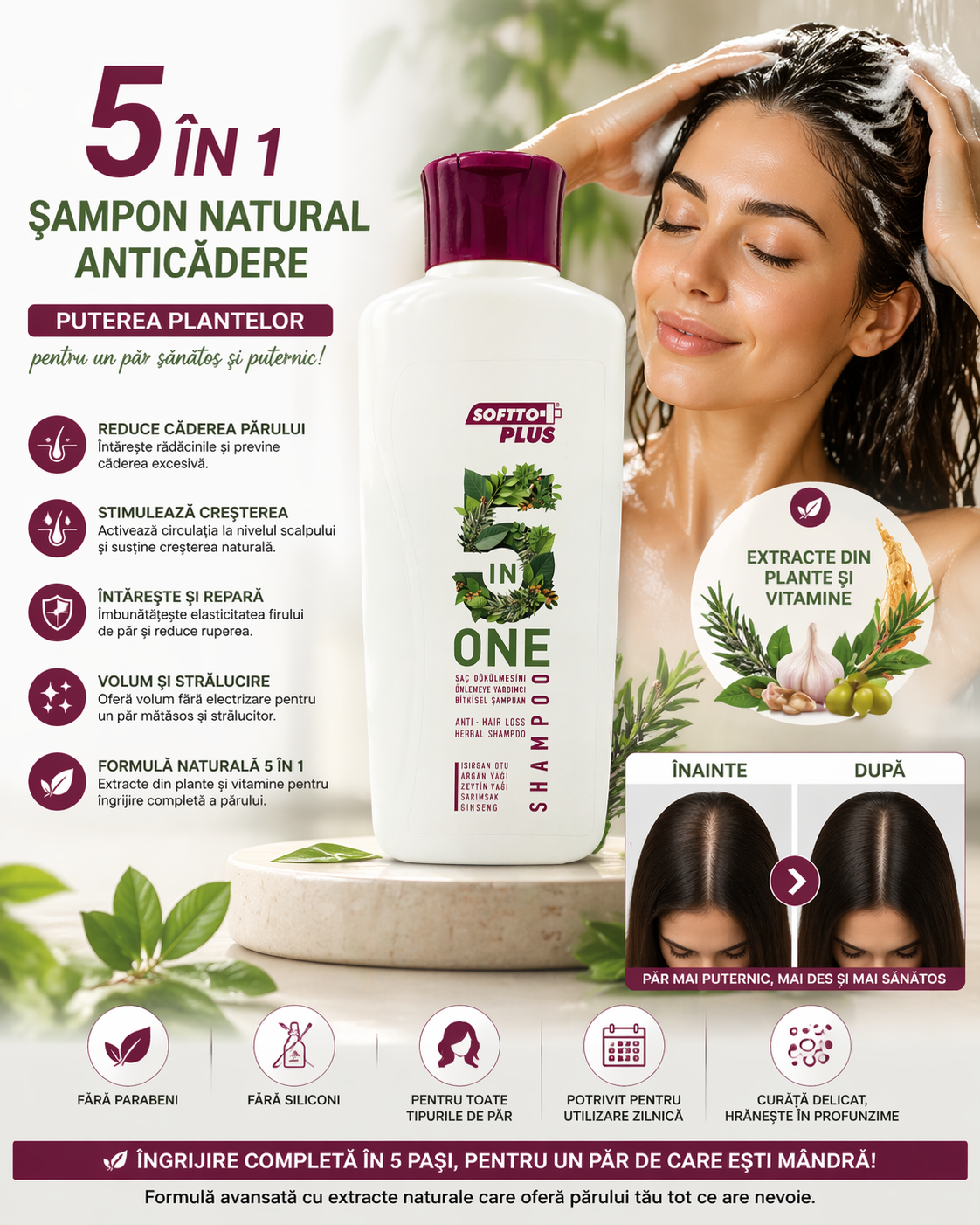 Șampon natural 5 în 1 pentru hidratare, volum și reducerea ruperii părului 