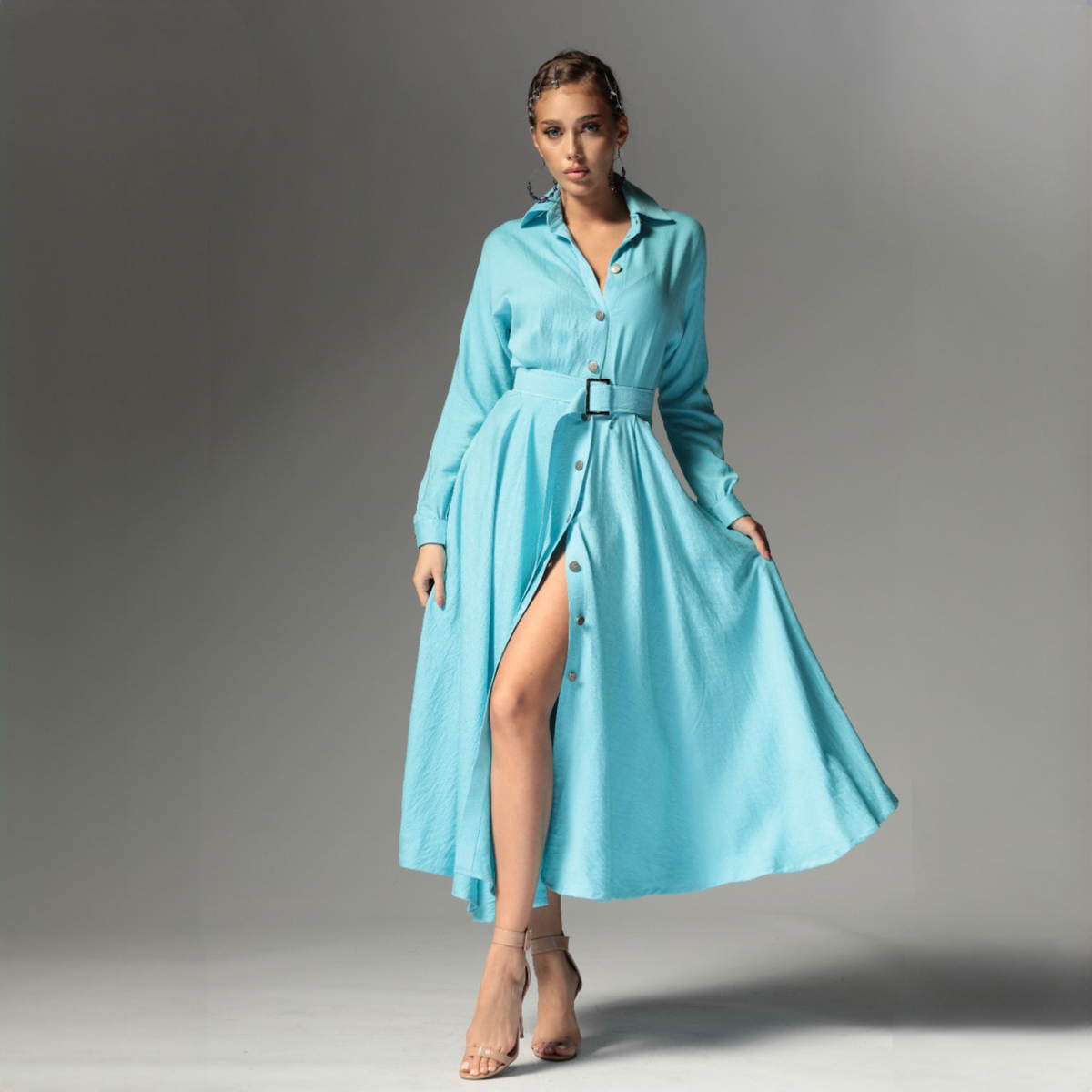 Rochie camasa bleu din in cu nasturi metalici Ingrid Baby Blue - Tratamente pentru par Lenjerie sexy