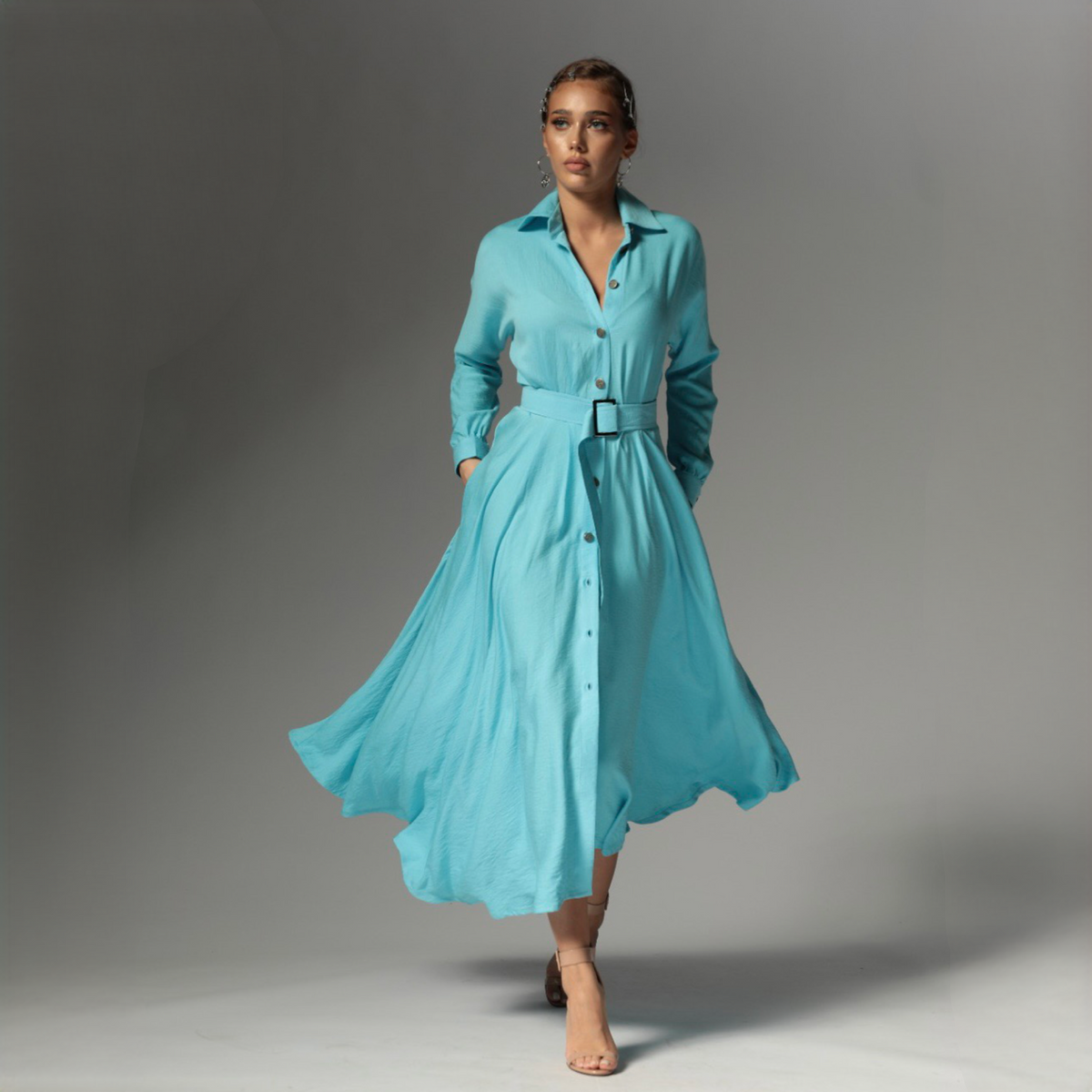 Rochie camasa bleu din in cu nasturi metalici Ingrid Baby Blue - Tratamente pentru par Lenjerie sexy
