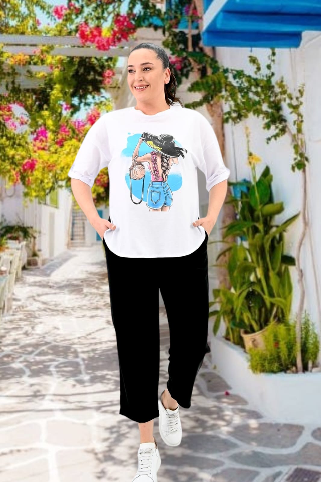 Compleu pantaloni si bluza cu imprimeu