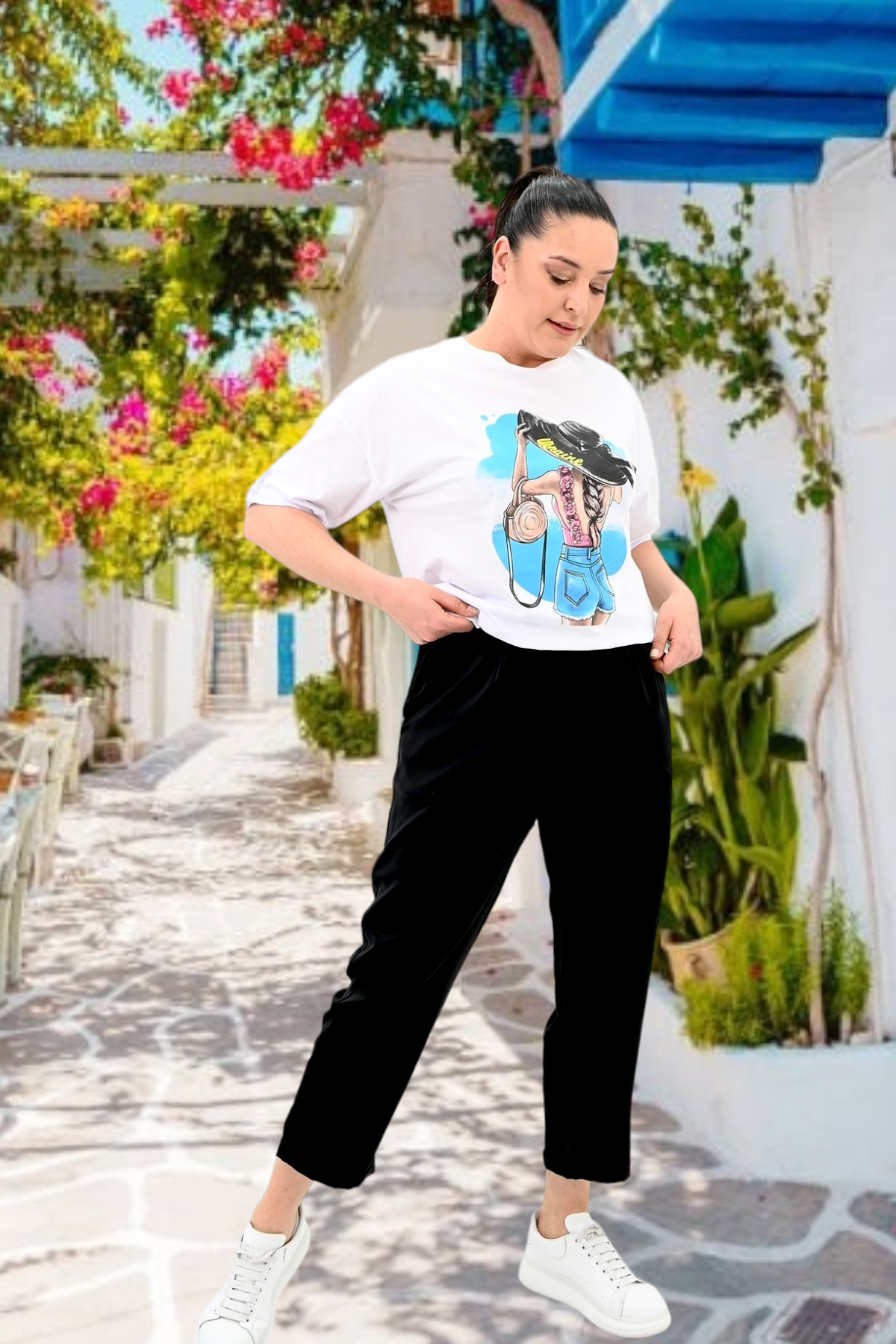 Compleu pantaloni si bluza cu imprimeu