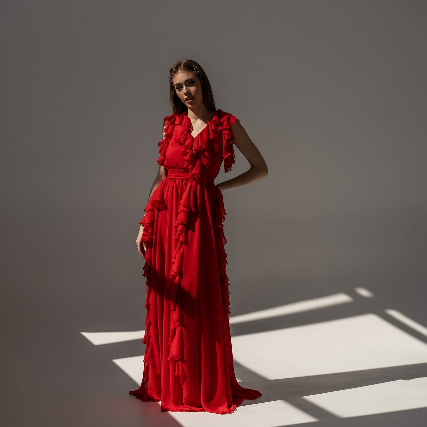 Rochie lunga rosie din voal