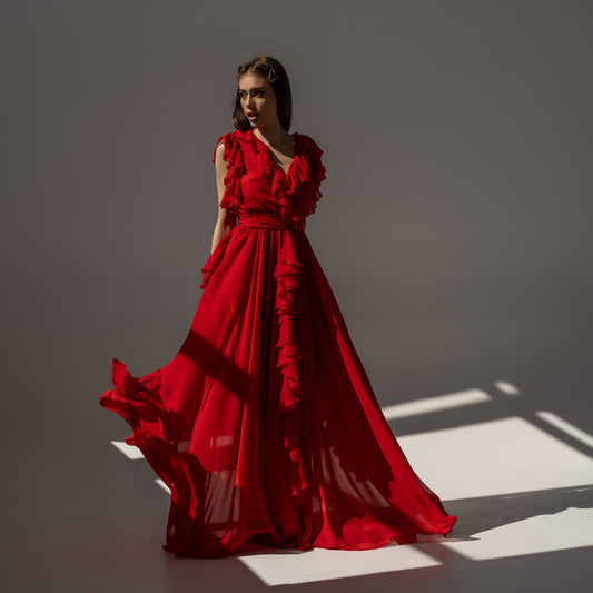 Rochie lunga rosie din voal