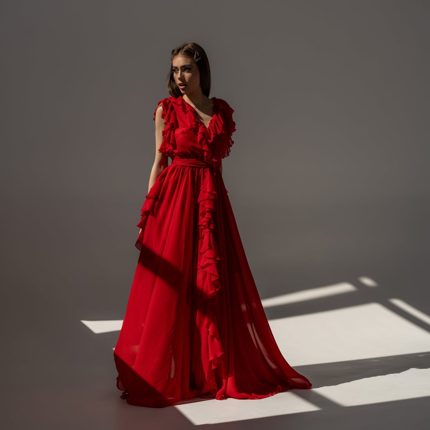 Rochie lunga rosie din voal
