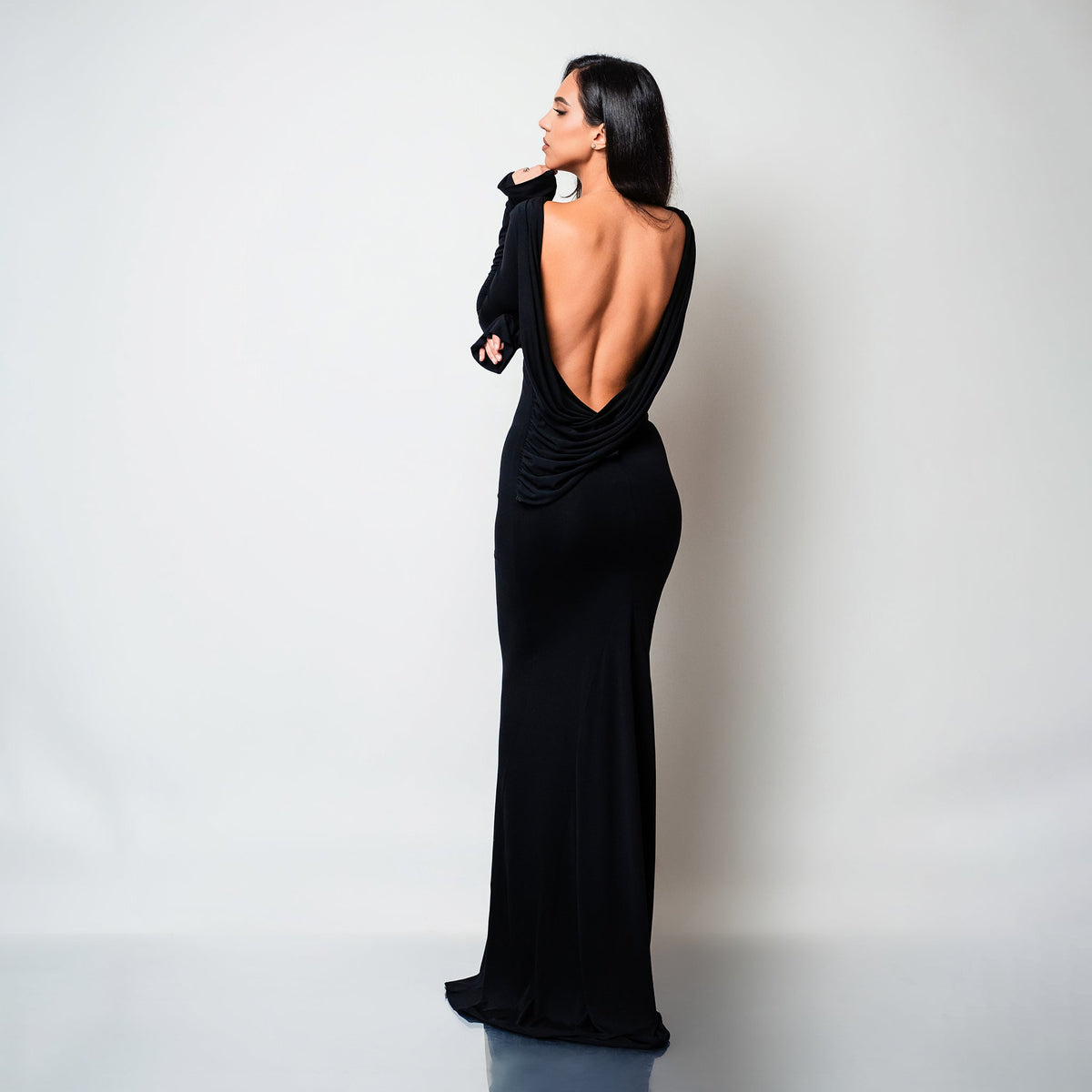 Rochie lunga neagra din bumbac de cocktail cu spatele gol si drapaje Luna - Tratamente pentru par Lenjerie sexy