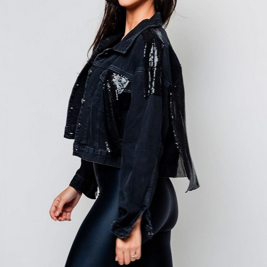Geacă neagră din denim cu aplicații din plasă metalică Carolina D