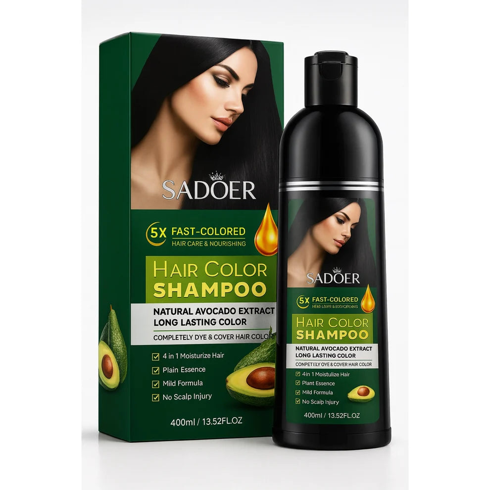 Șampon colorant negru SADOER cu extract de avocado, 400 ml, flacon și cutie verde