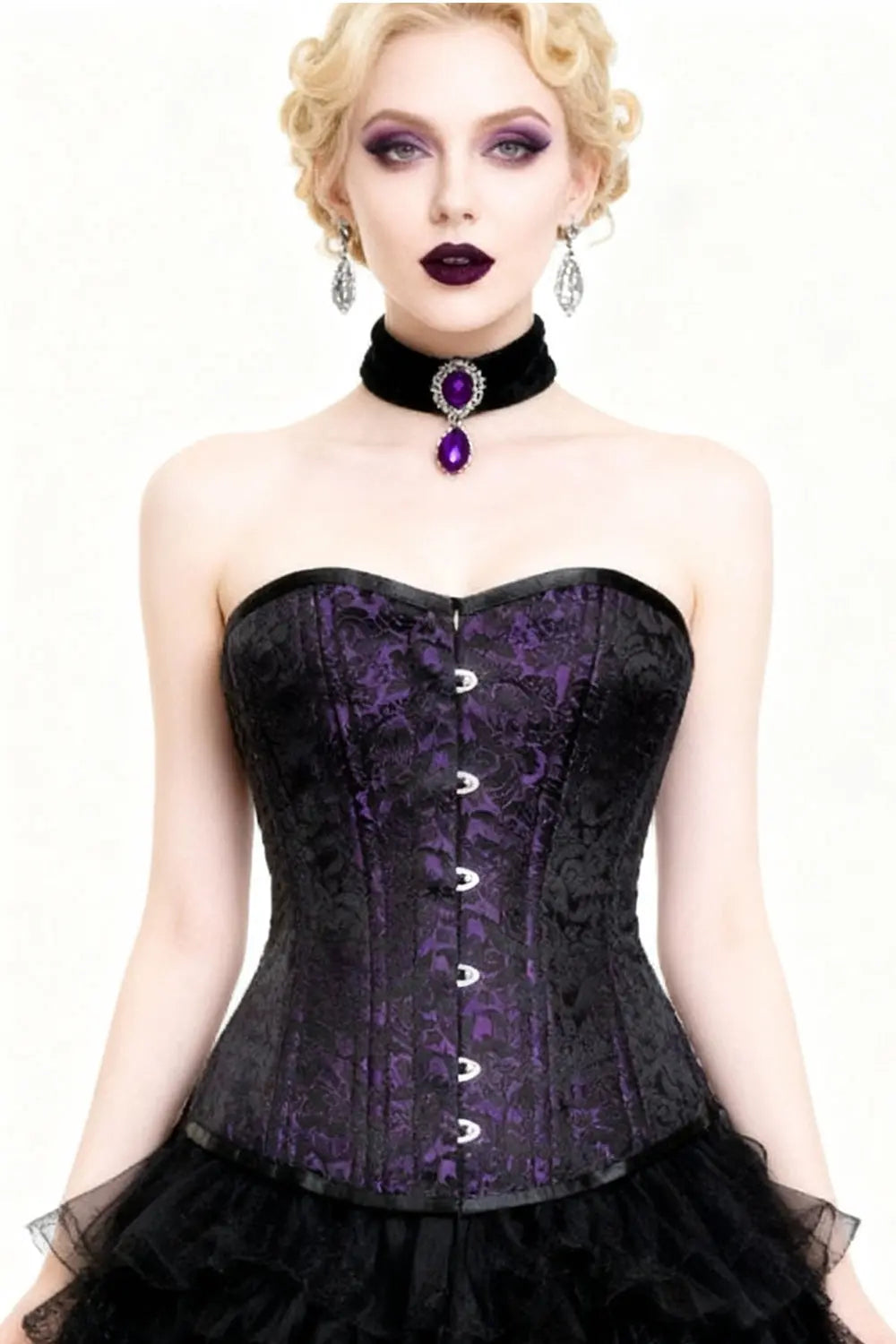 Corset Celsa Overbust Purple Brocade Waist Training – Eleganță Regală și Talie Sculptată