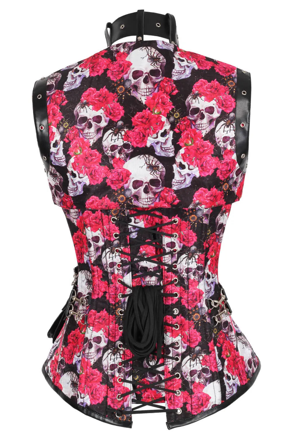 Corset Tarina Skull cu Trandafiri Vibranți Overbust – Stil Steampunk