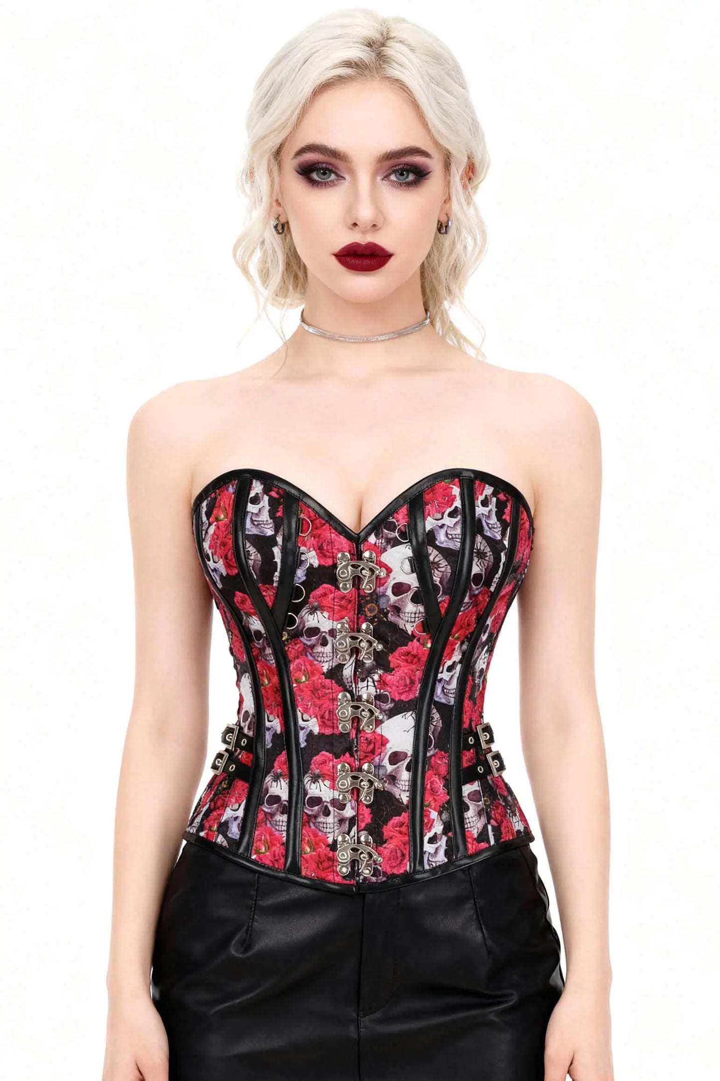Corset Overbust Steampunk Skull &amp; Red Rose – Design Gothic Romantic, Model Ameera