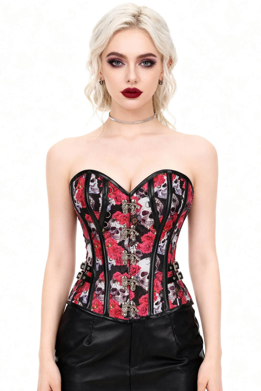 Corset Overbust Steampunk Skull &amp; Red Rose – Design Gothic Romantic, Model Ameera