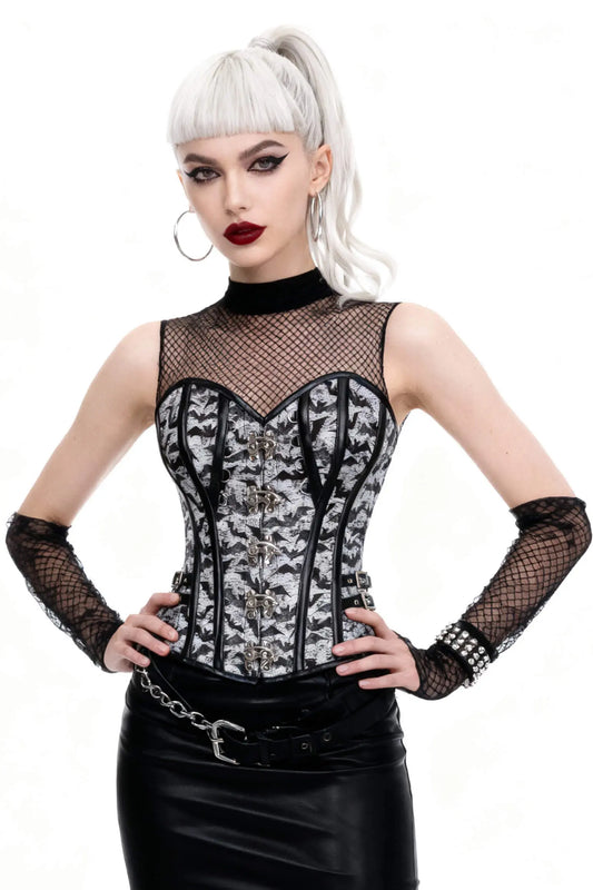 Corset Shirlee Gothic Bat Print Overbust – Stil Dark și Accente Steampunk