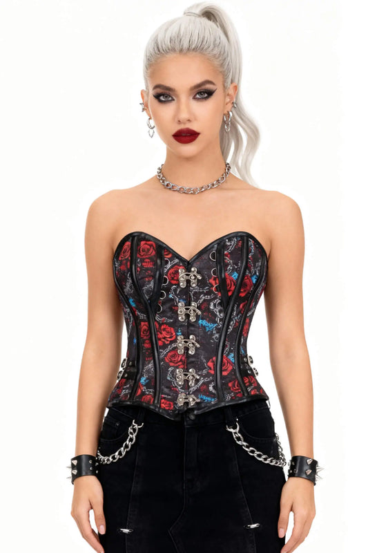 Corset Shaneka Red Rose with Metallic Chain Overbust – Stil Gothic Rebel și Accente Steampunk