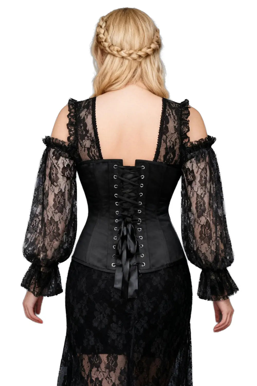 Corset Natoya Overbust din satin cu mâneci din dantelă – eleganță dramatică și siluetă sculptată