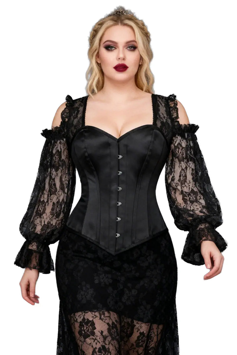 Corset Natoya Overbust din satin cu mâneci din dantelă – eleganță dramatică și siluetă sculptată