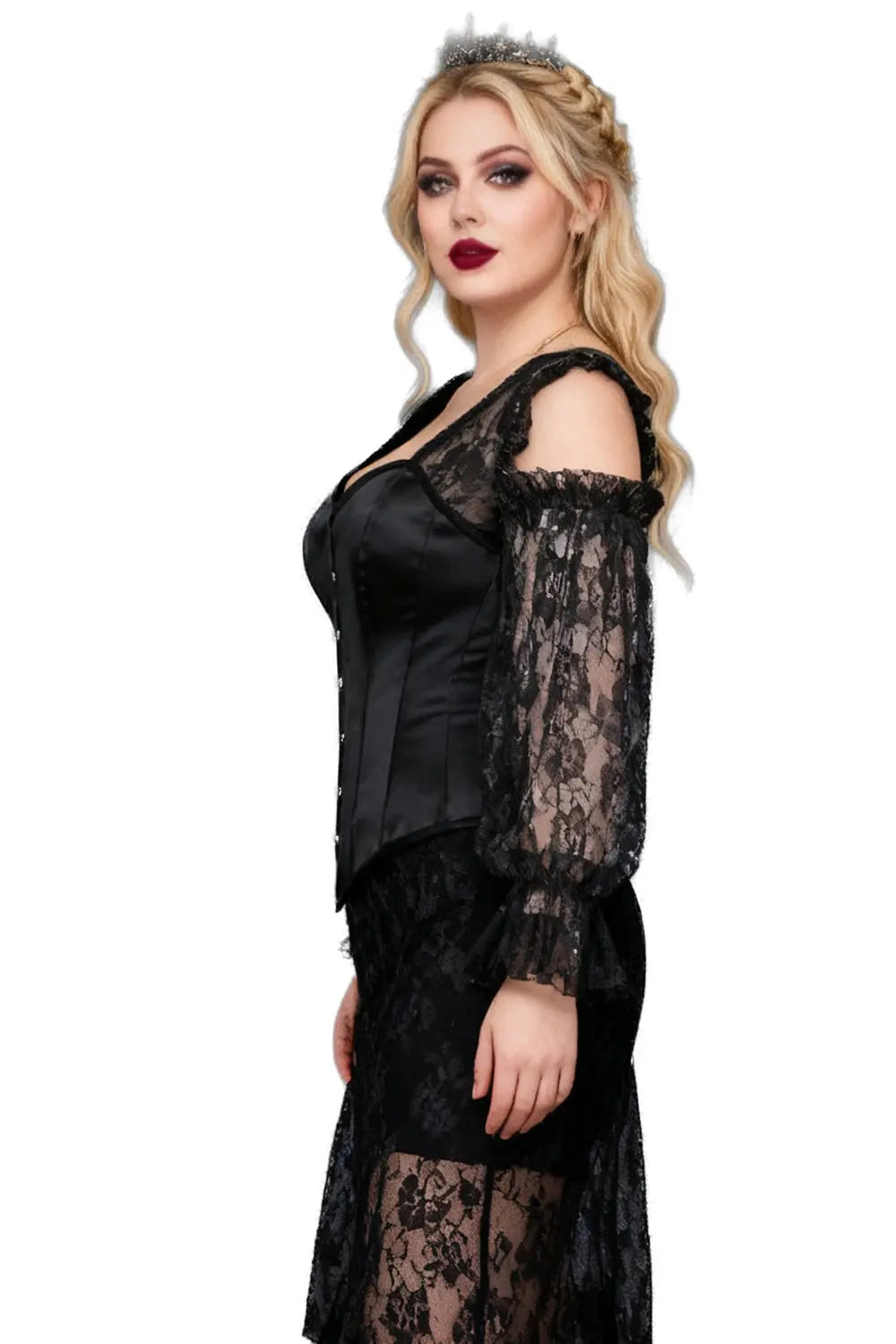 Corset Natoya Overbust din satin cu mâneci din dantelă – eleganță dramatică și siluetă sculptată