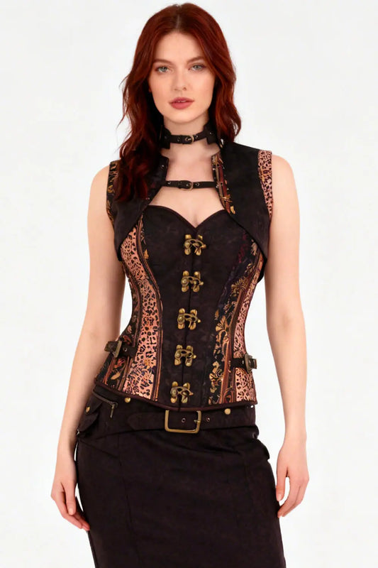 Sharita Steampunk Leopard Baroque Overbust Corset – eleganță gotică și stil îndrăzneț
