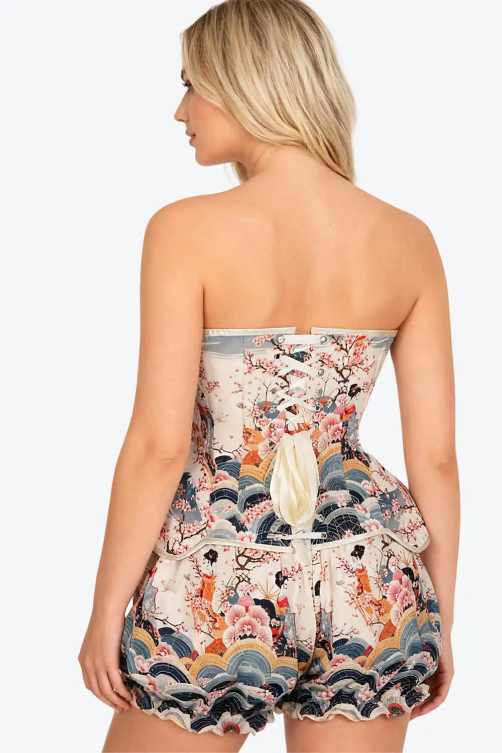 Chelsei Oriental Geisha Blossom Corset și Pantaloni Scurți Bufanți Set
