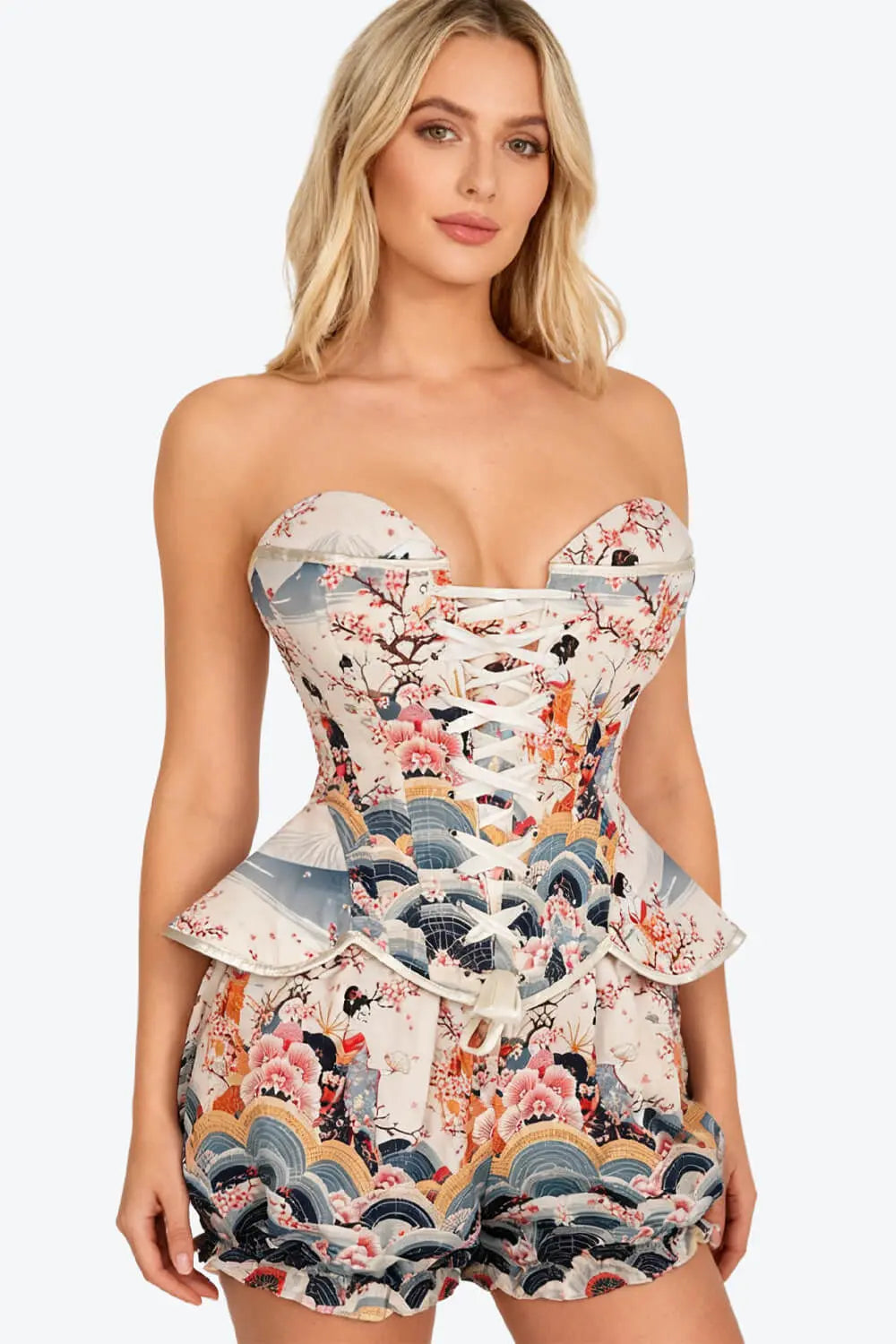 Chelsei Oriental Geisha Blossom Corset și Pantaloni Scurți Bufanți Set