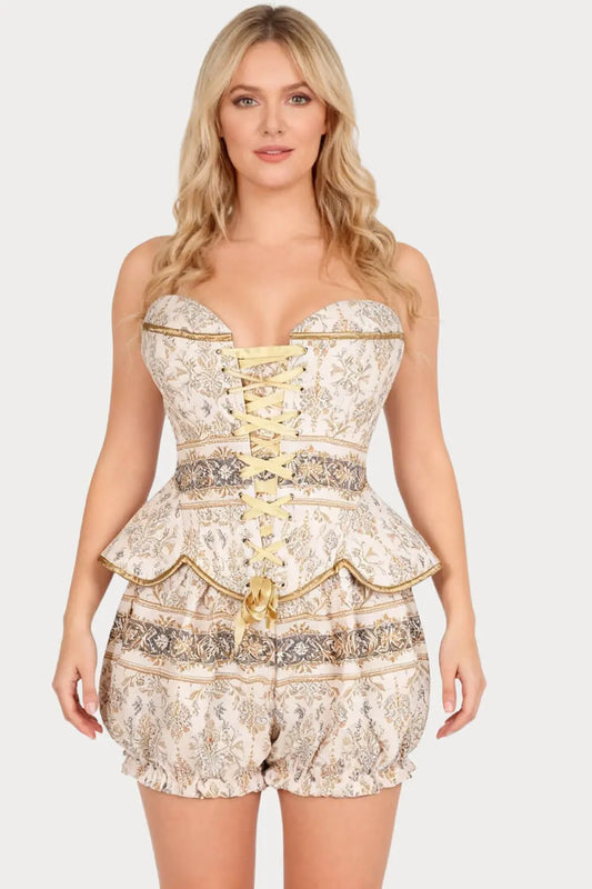 Whitnie Vintage Baroque Damask Corset și Pantaloni Scurți Bufanți Set