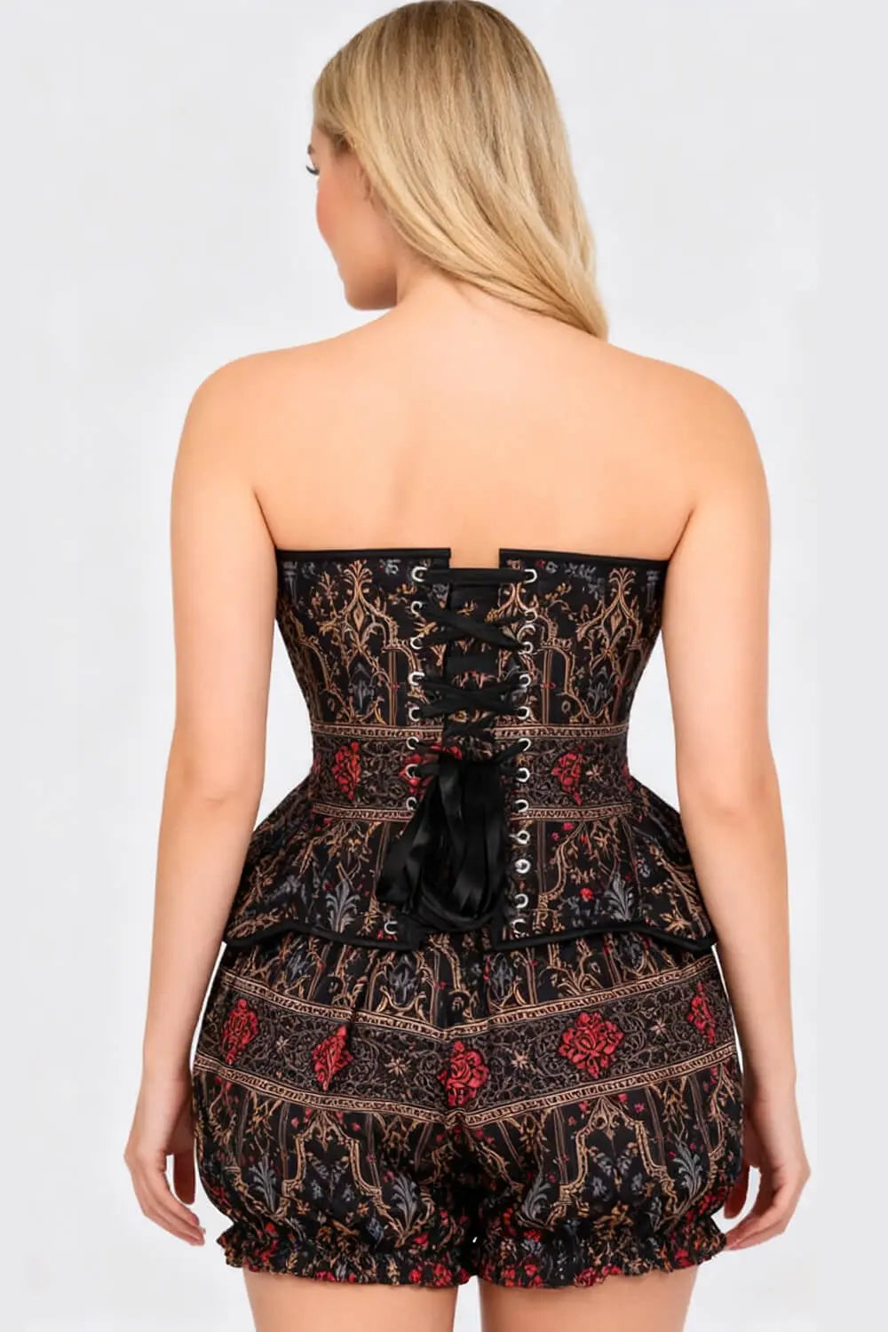 Telisha Gothic Baroque Rose Corset și Pantaloni Scurți Bufanți Set