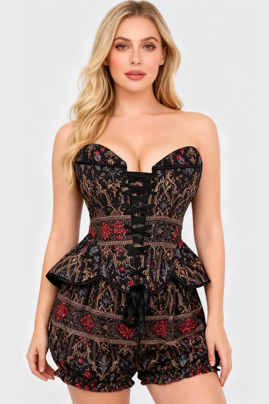 Telisha Gothic Baroque Rose Corset și Pantaloni Scurți Bufanți Set