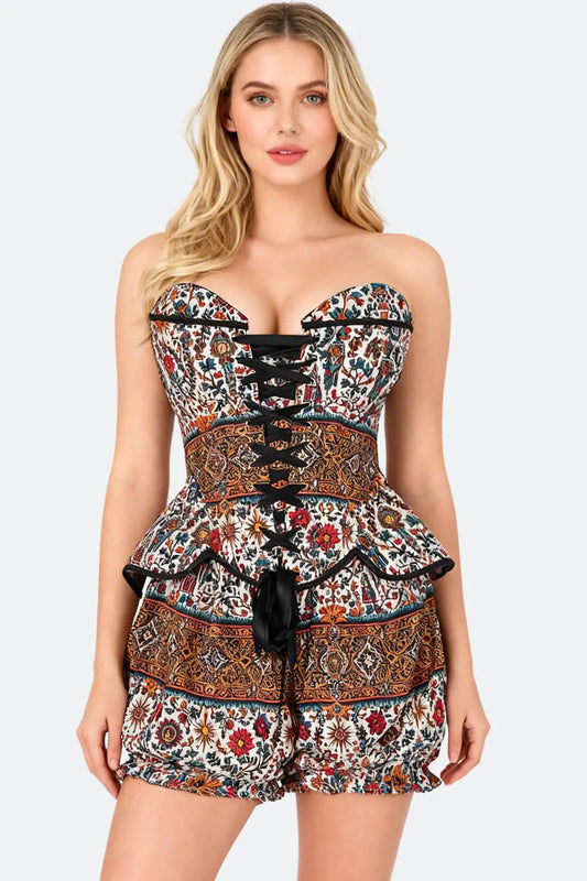 Kumiko Vintage Folk Art Overbust Corset și Pantaloni Scurți Bufanți Set