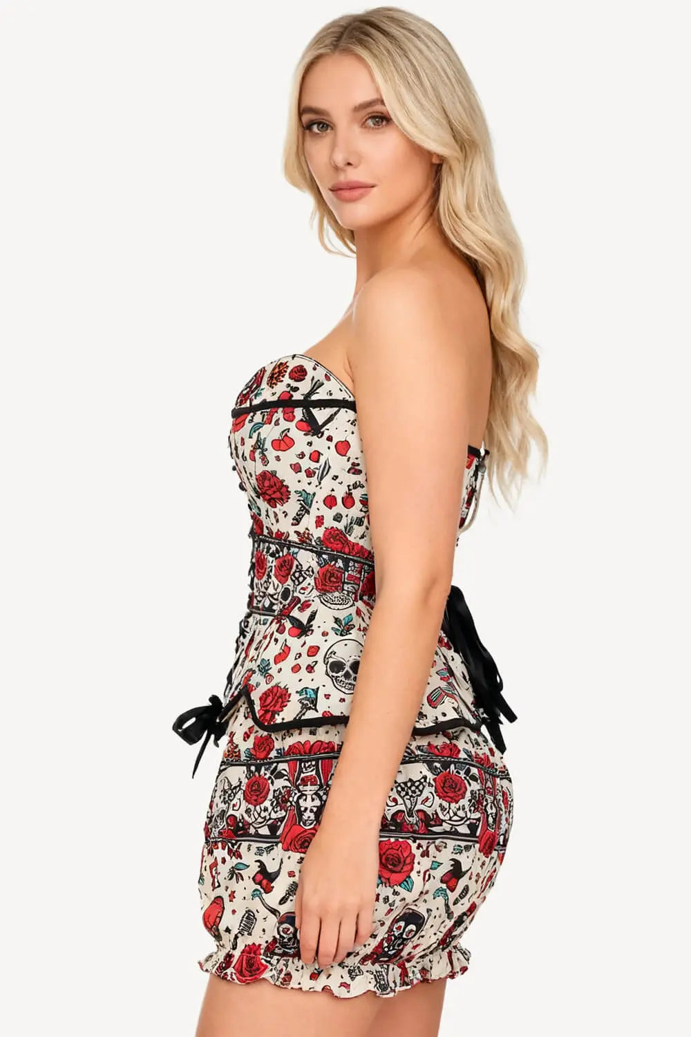 Tawnie Tattoo Rockabilly Skull și Rose Corset și Pantaloni Scurți Bufanți Set