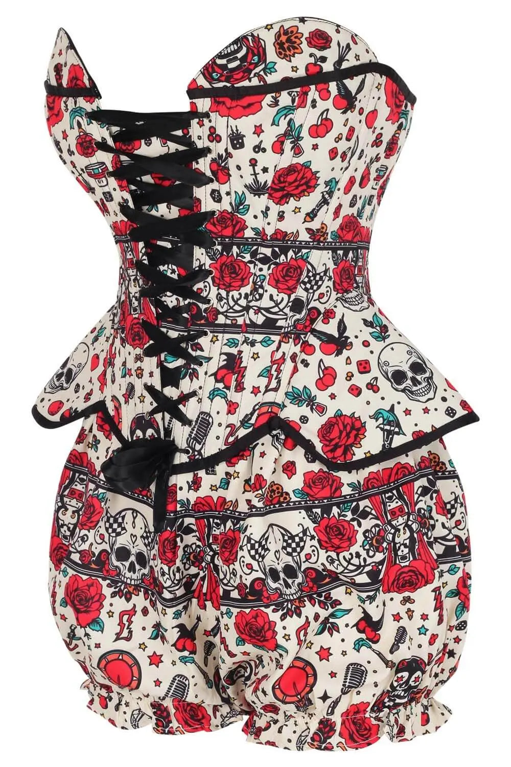 Tawnie Tattoo Rockabilly Skull și Rose Corset și Pantaloni Scurți Bufanți Set