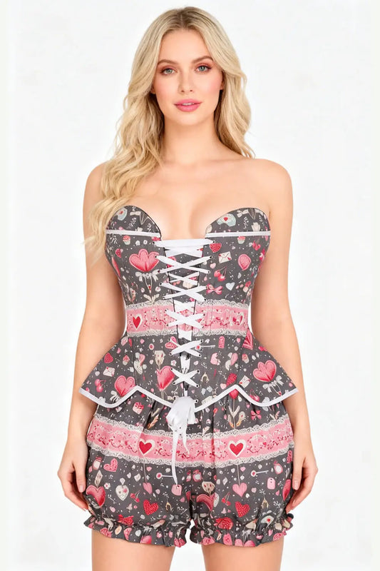 Markisha Sweetheart Vintage Hearts Corset și Pantaloni Scurți Bufanți Set