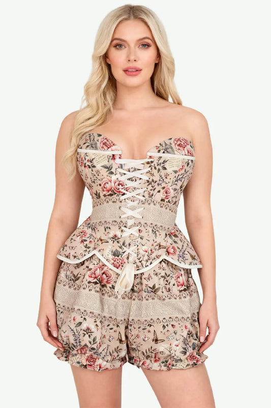 Javona Vintage Garden Rose Corset și Pantaloni Scurți Bufanți Set