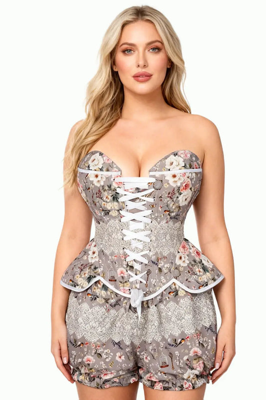 Denell Vintage Garden Lace Corset și Pantaloni Scurți Bufanți Set