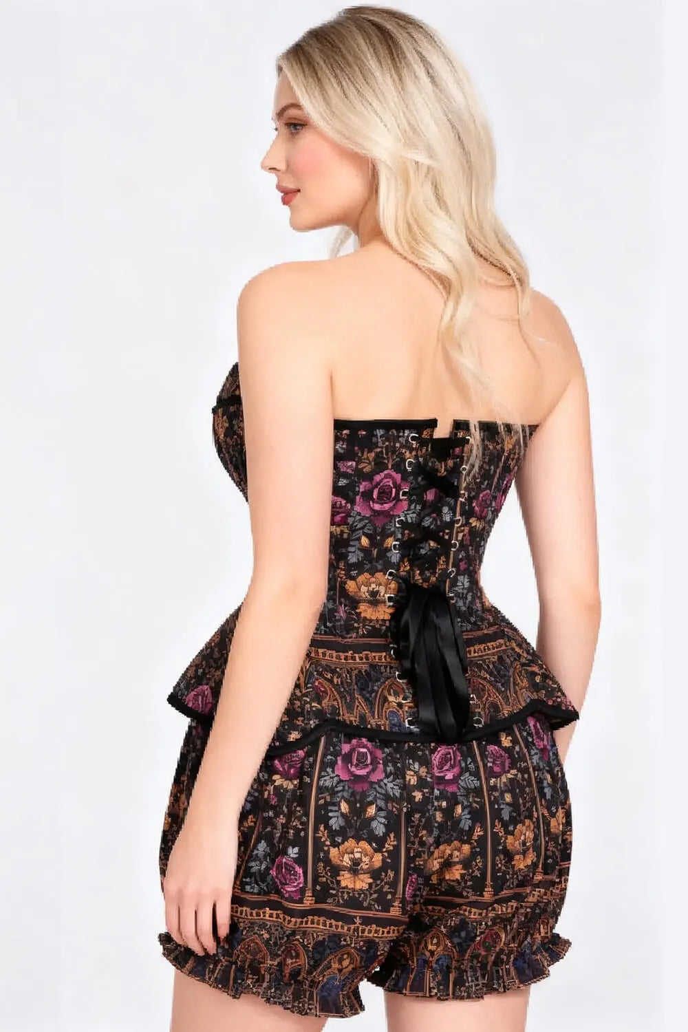 Terilynn Victorian Rose Noir Corset și Pantaloni Scurți Bufanți Set