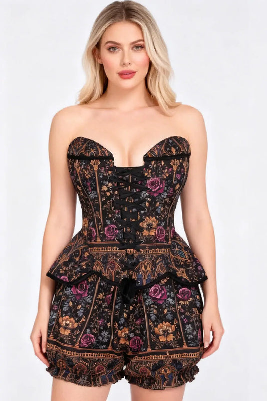 Terilynn Victorian Rose Noir Corset și Pantaloni Scurți Bufanți Set