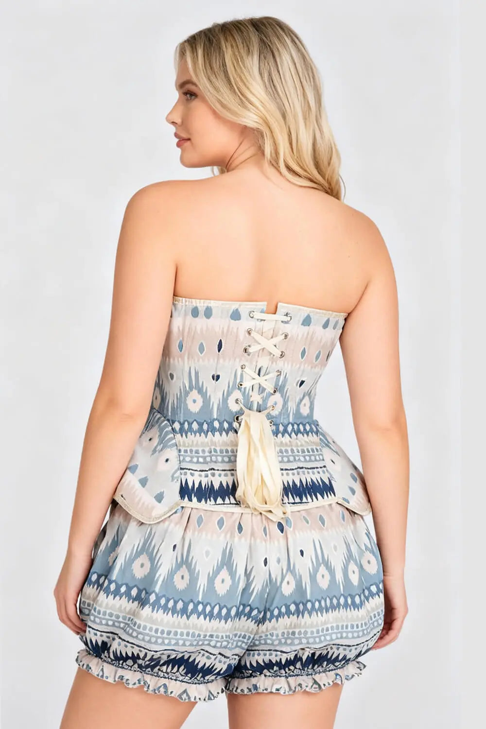 Shawnna Bohemian Ikat Pattern Corset și Pantaloni Scurți Bufanți Set