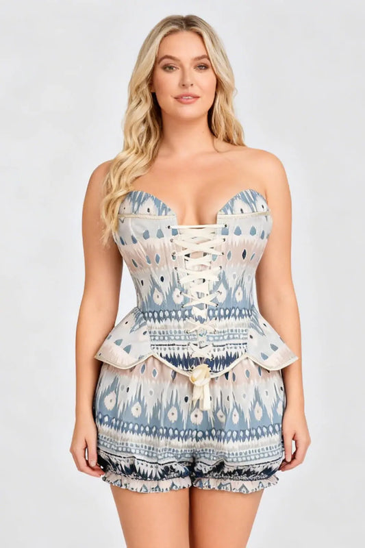 Shawnna Bohemian Ikat Pattern Corset și Pantaloni Scurți Bufanți Set