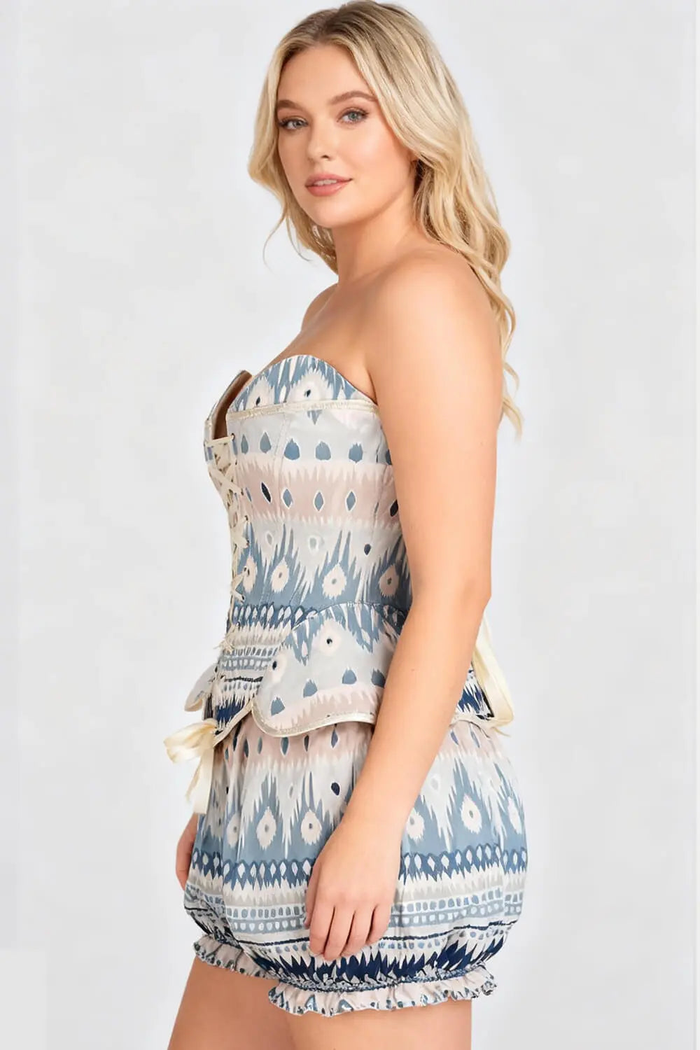 Shawnna Bohemian Ikat Pattern Corset și Pantaloni Scurți Bufanți Set
