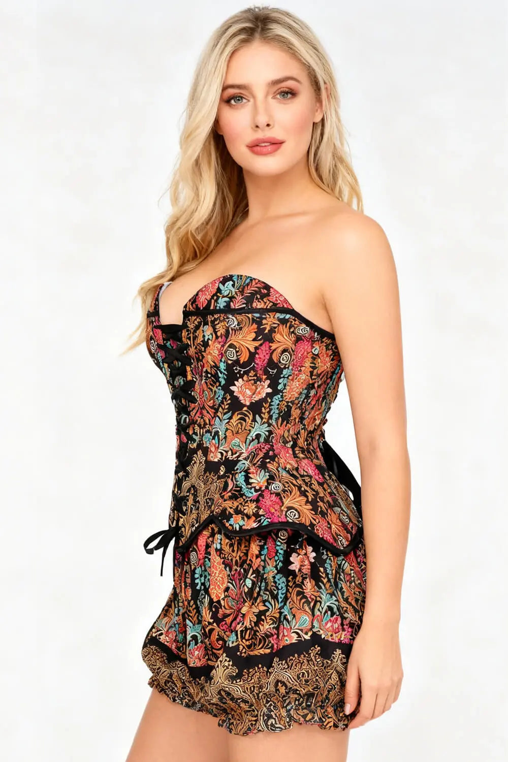 Jazette Bohemian Baroque Floral Corset și Pantaloni Scurți Bufanți Set