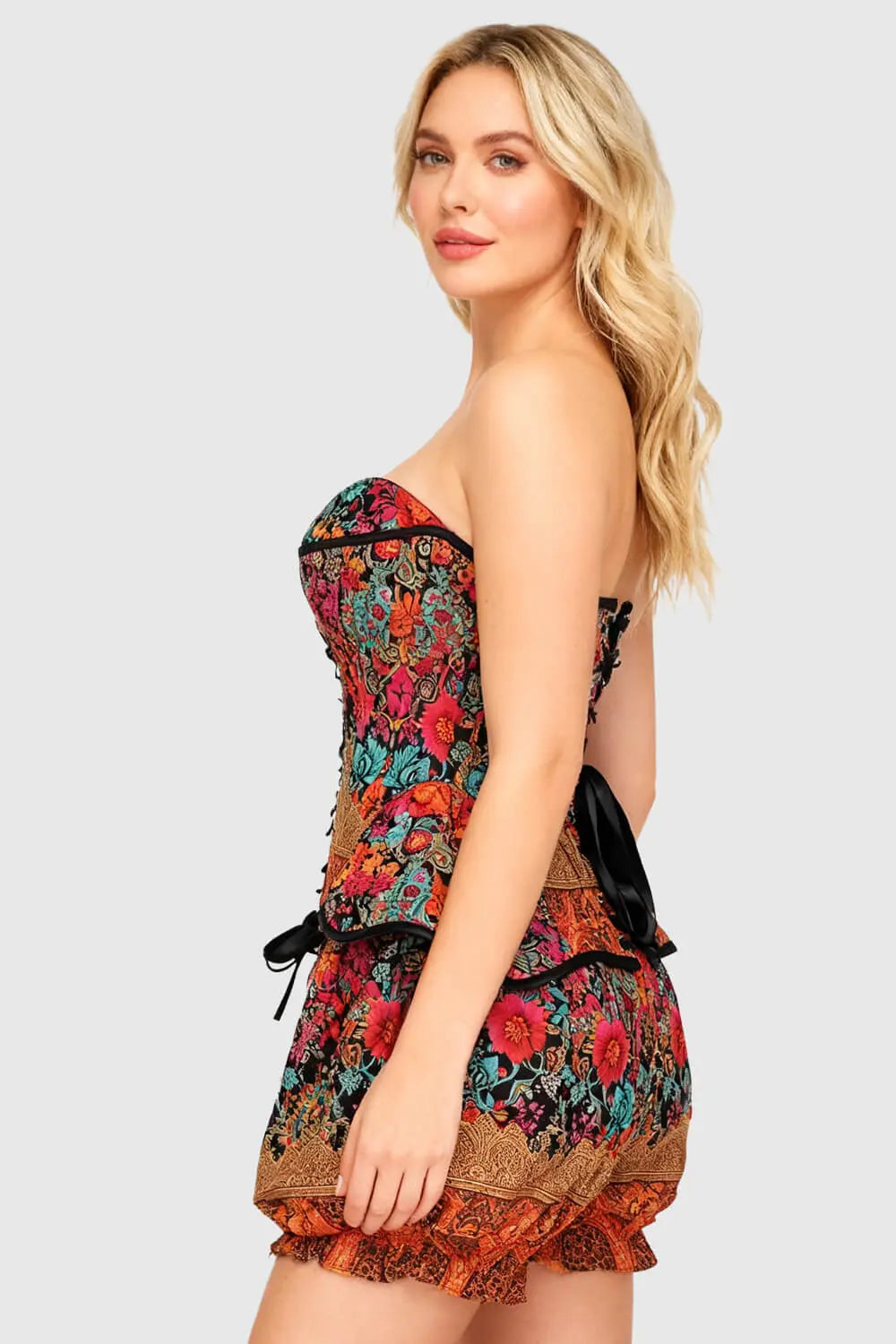 Jolean Vibrant Floral Baroque Corset și Pantaloni Scurți Bufanți Set