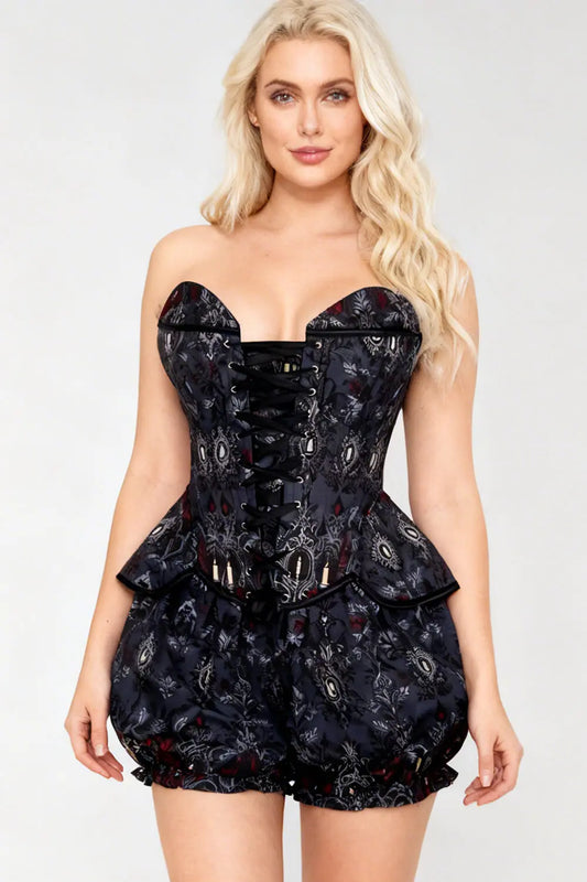 Evelene Gothic Keyhole Vintage Corset și Pantaloni Scurți Bufanți Set