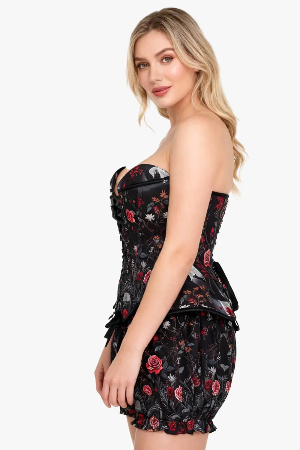 Darolyn Midnight Raven Floral Corset & Pantaloni Scurți Bufanți Set