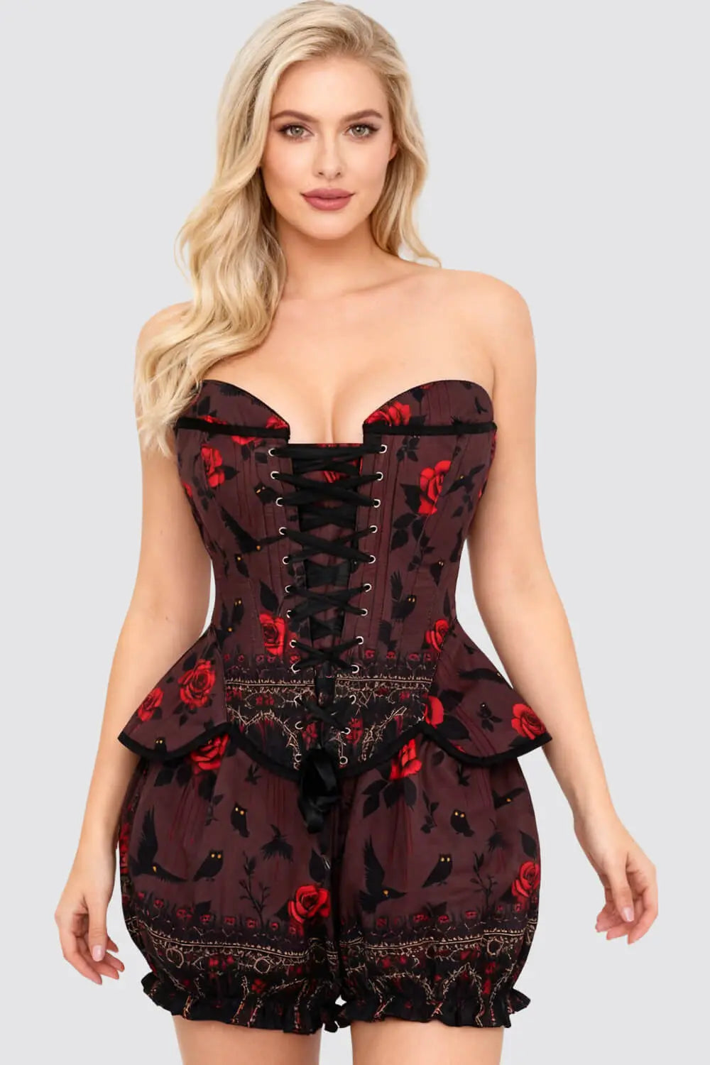 Brandalynn Crimson Night Owl Corset & Pantaloni Scurți Bufanți Set